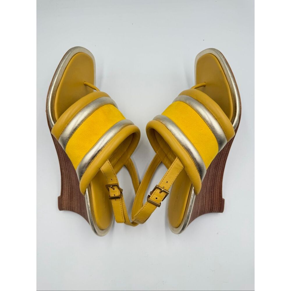 Tory Burch Yellow Metallic Puffy Leather Wedge Sandal Slingback Open Toe Size 9M - Picture 9 of 12